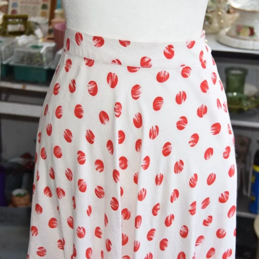 Vintage Josephine Chaus Red Polka Dot Rayon Midi Skirt High Waist 25 Size XS